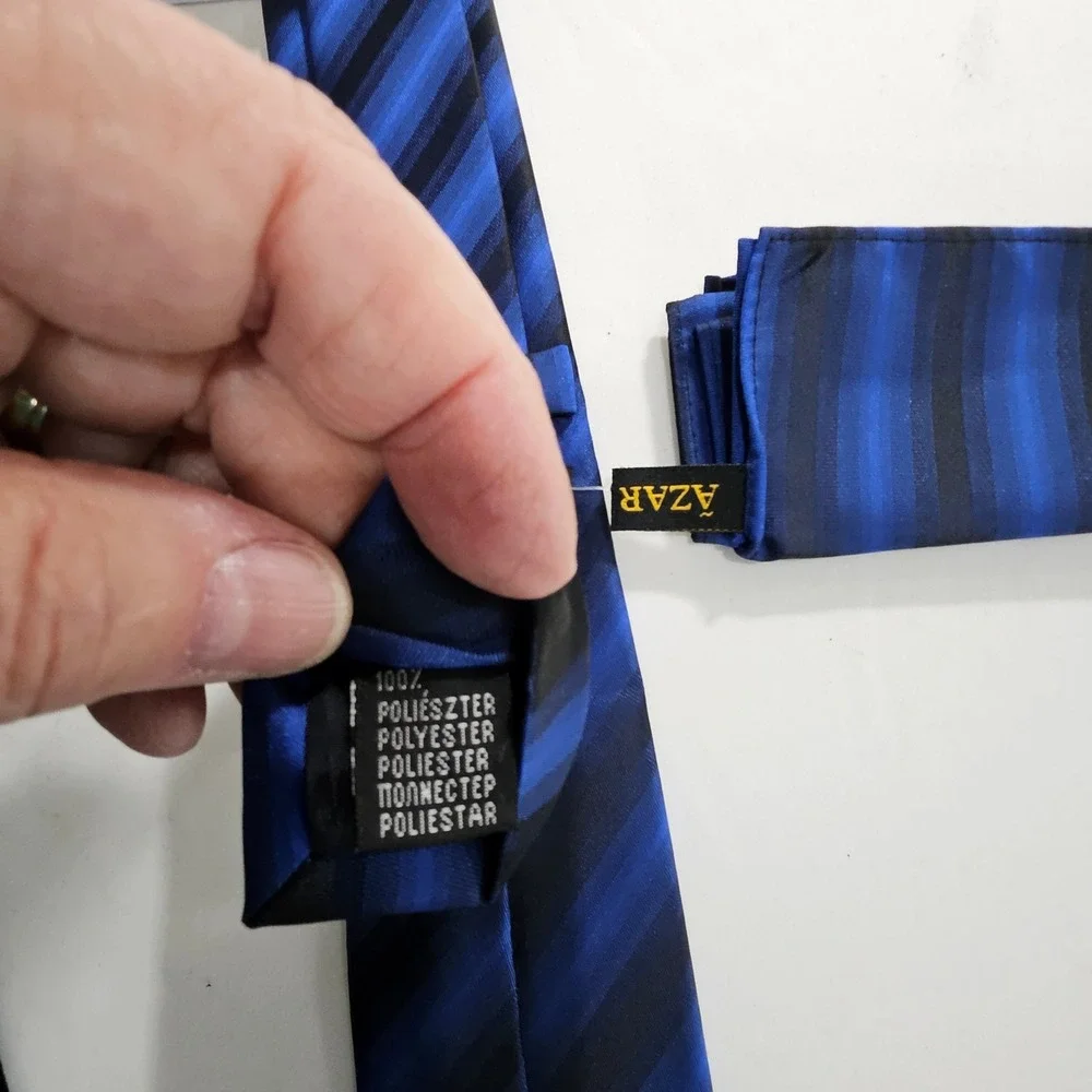 Azar Man Mens Blue Black Diagonal Striped Necktie and Pocket Square Set
